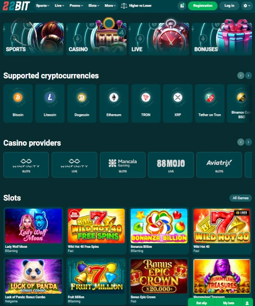 22Bit Casino screenshot showing the online casino lobby with slot games, live dealer tables, and user interface elements