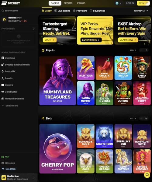 Screenshot of Boxbet Casino lobby featuring slot games, live dealer tables, and user interface