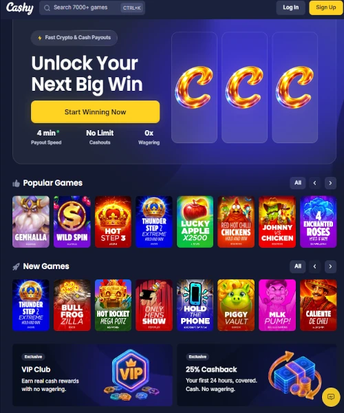 Cashy Casino screenshot casino lobby with slot games, live dealer tables, payment options, and user interface elements