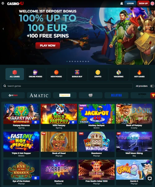 Screenshot of Casino4u lobby featuring slot games, live dealer tables, and user interface