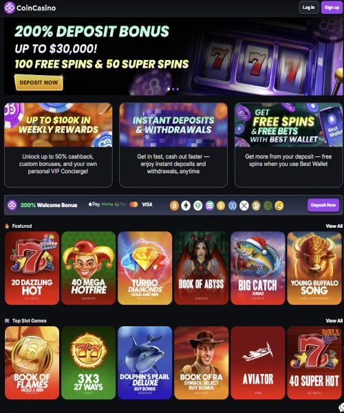 CoinCasino screenshot showing the online casino lobby with slot games, live dealer tables, and user interface elements