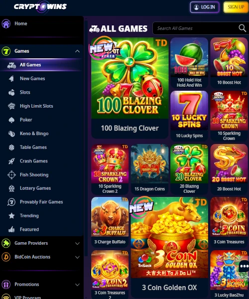 CryptoWins Casino screenshot showing the online casino lobby with slot games, live dealer tables, and user interface elements
