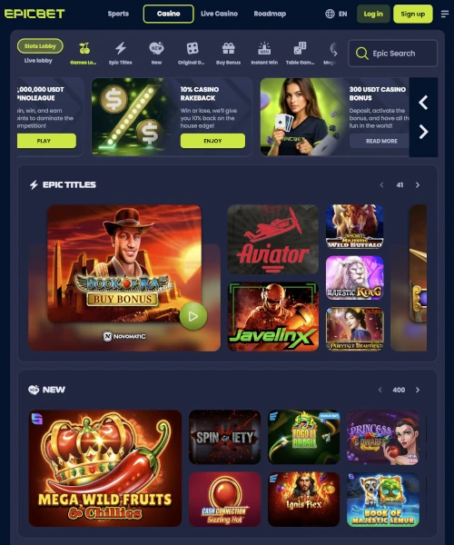 Screenshot of Epicbet Casino lobby featuring slot games, live dealer tables, and user interface
