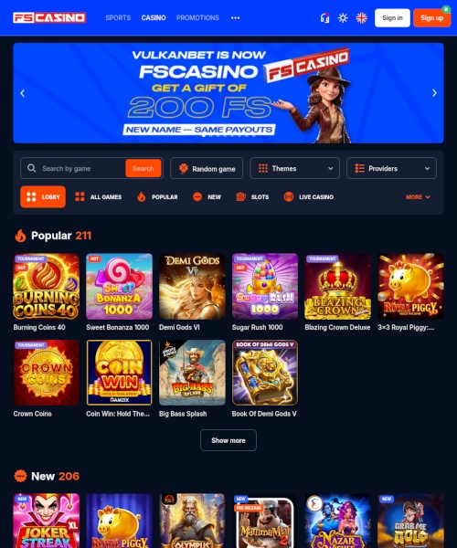 FS Casino screenshot casino lobby with slot games, live dealer tables, payment options, and user interface elements