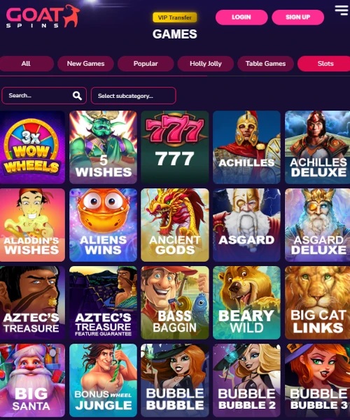 Screenshot of Goat Spins Casino lobby featuring slot games, live dealer tables, and user interface