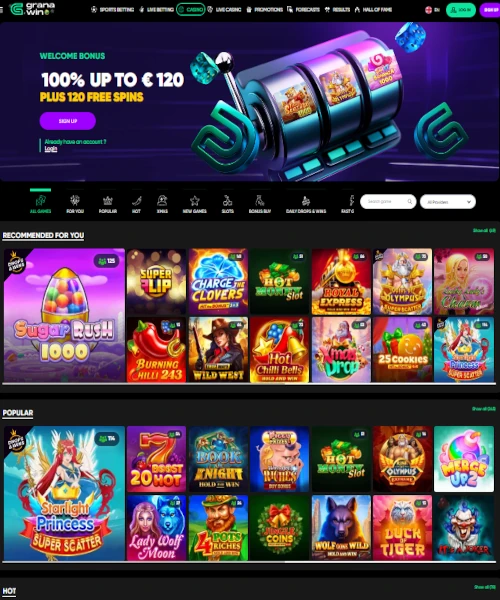 Screenshot of GranaWin Casino lobby featuring slot games, live dealer tables, and user interface