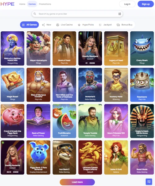 Hype Kasino screenshot casino lobby with slot games, live dealer tables, payment options, and user interface elements