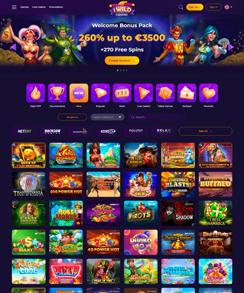 Screenshot of iWild Casino lobby featuring slot games, live dealer tables, and user interface