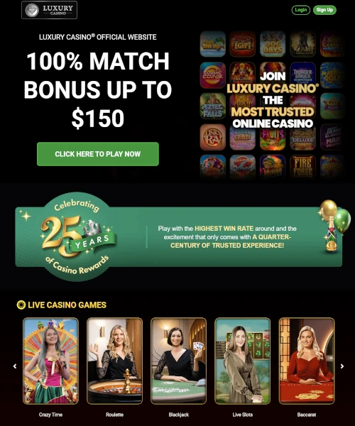 Luxury Casino screenshot casino lobby with slot games, live dealer tables, payment options, and user interface elements