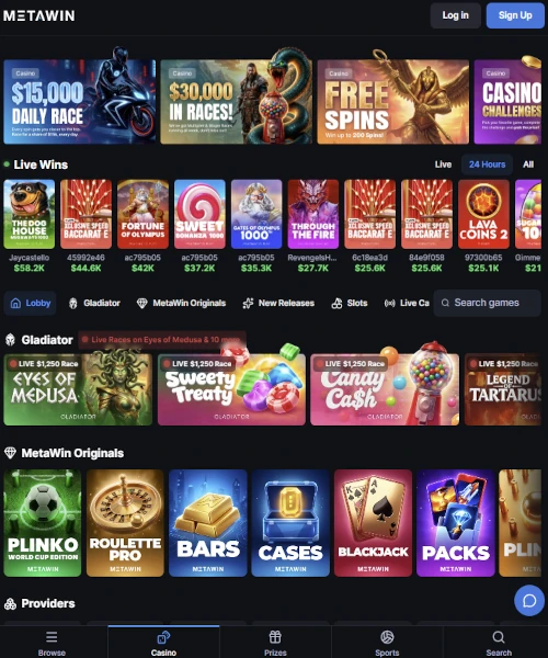 Metawin Casino screenshot casino lobby with slot games, live dealer tables, payment options, and user interface elements