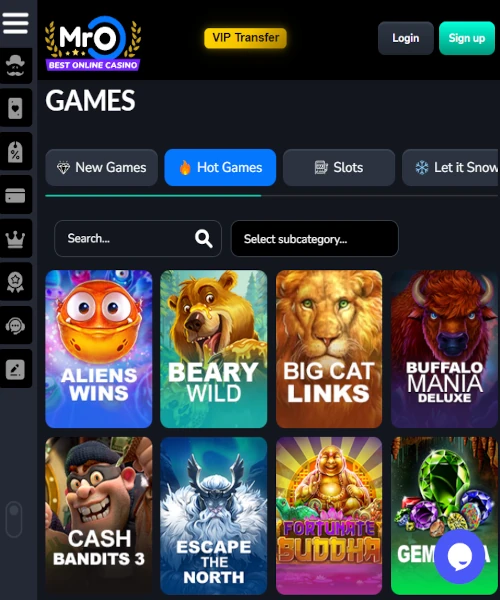 Screenshot of Mr O Casino lobby featuring slot games, live dealer tables, and user interface