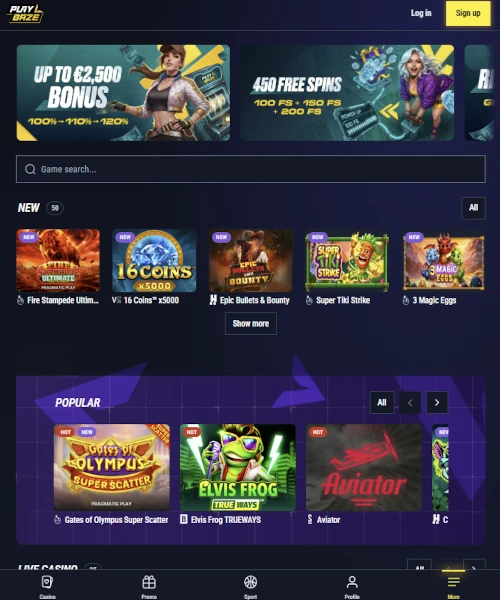 Playbaze Casino screenshot casino lobby with slot games, live dealer tables, payment options, and user interface elements