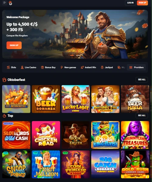 Screenshot of SlotLords Casino lobby featuring slot games, live dealer tables, and user interface