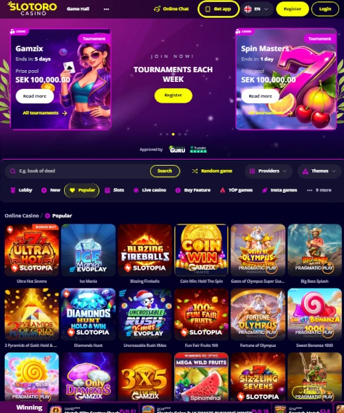 Slotoro Casino screenshot casino lobby with slot games, live dealer tables, payment options, and user interface elements