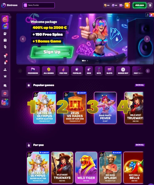 Slotrave Casino screenshot casino lobby with slot games, live dealer tables, payment options, and user interface elements