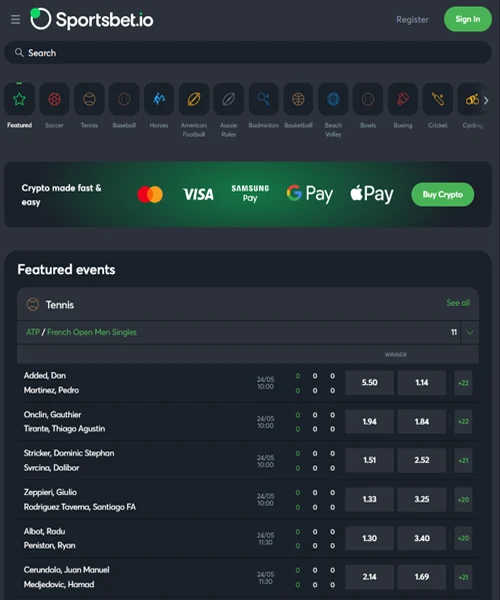 Screenshot of Sportsbet.io lobby featuring slot games, live dealer tables, and user interface
