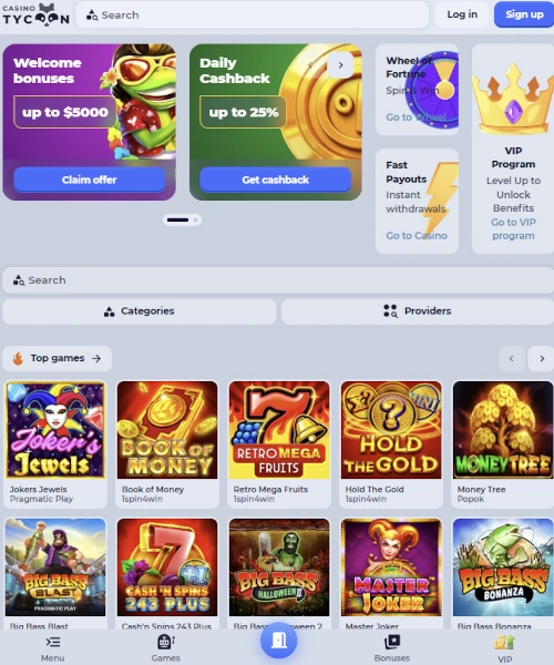Tycoon Casino screenshot casino lobby with slot games, live dealer tables, payment options, and user interface elements