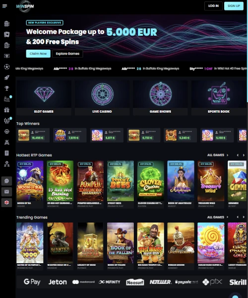 WinSpin Casino screenshot casino lobby with slot games, live dealer tables, payment options, and user interface elements