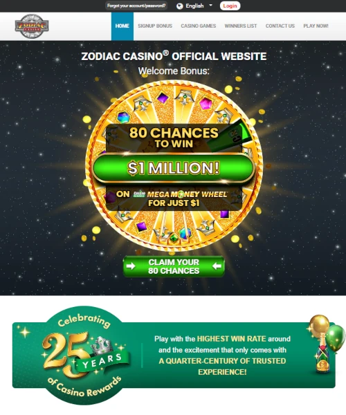 Zodiac Casino screenshot casino lobby with slot games, live dealer tables, payment options, and user interface elements