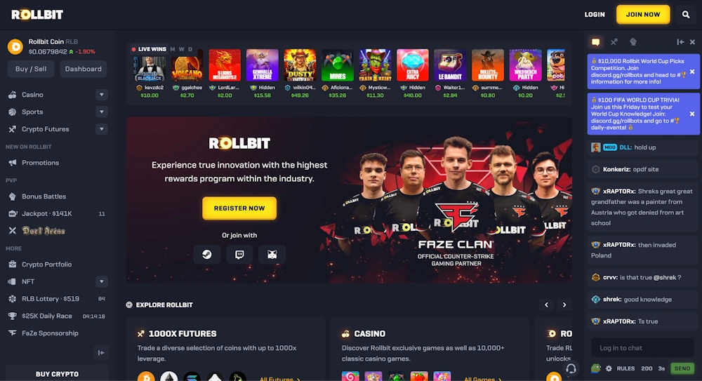 Rollbit casino overview of lobby