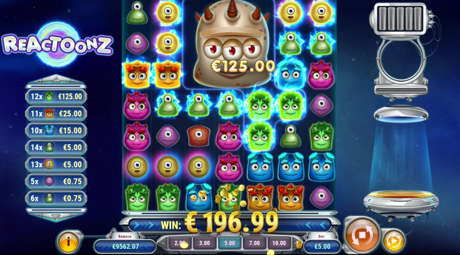 Reactoonz slot series gameplay showing 7x7 grid, cascading wins, and Quantum Meter features