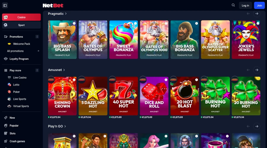 Online casino slot lobby with multiple game titles