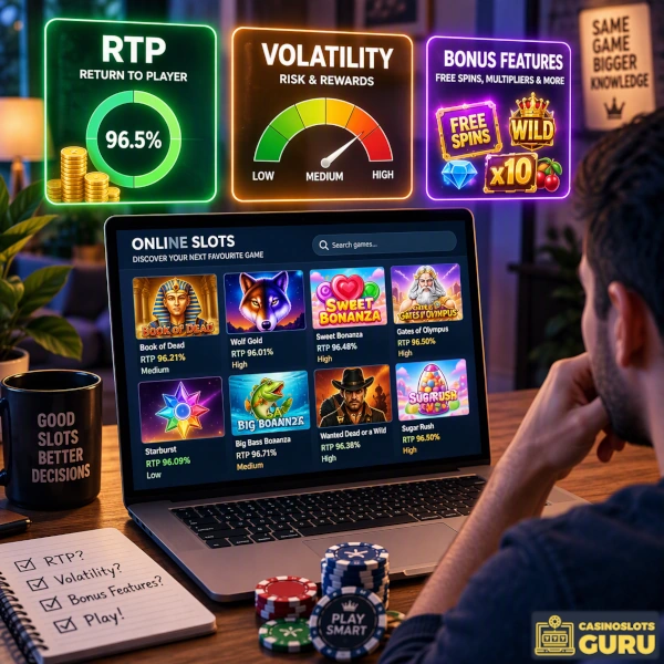 Player comparing RTP, volatility and bonus features on multiple online slot games before choosing which slot to play.