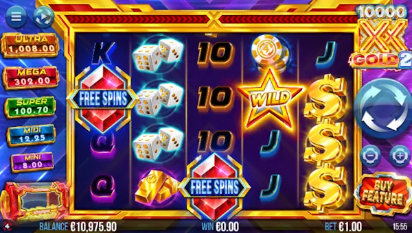 10000 X Gold 2 base game screenshot showing reels and features