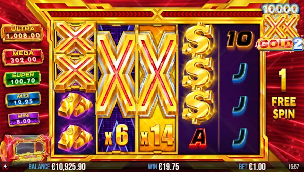 Screenshot of 10000 X Gold 2 slot demo showing reels and bonus game features