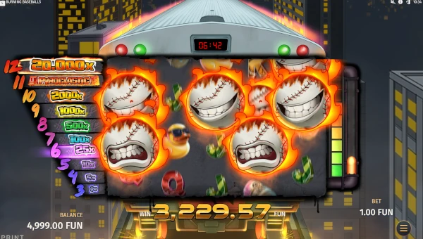 Screenshot of 12 Burning Baseballs slot demo showing reels and bonus game features