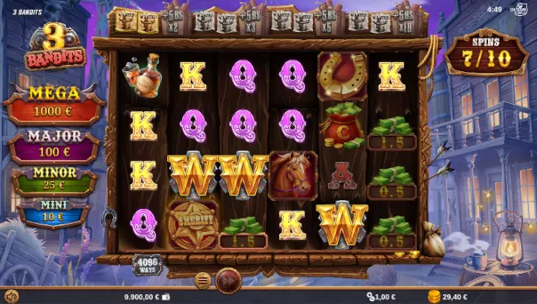 Screenshot of 3 Bandits slot demo showing reels and bonus game features