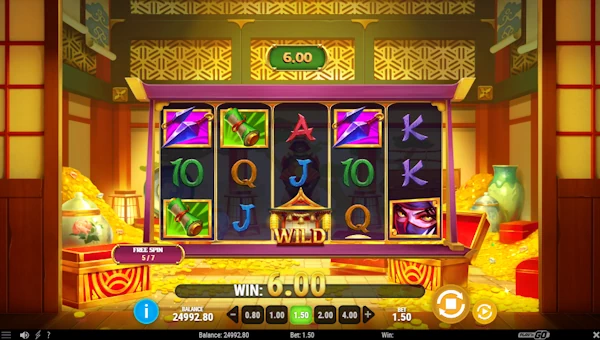 Screenshot of 3 Blades and Blessings slot demo showing reels and bonus game features