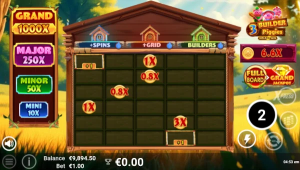 Screenshot of 3 Builder Piggies slot demo showing reels and bonus game features