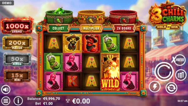 3 Chili Charms base game screenshot showing reels and features
