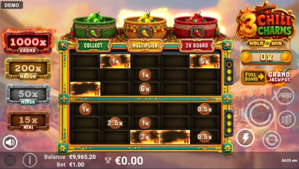 Screenshot of 3 Chili Charms slot demo showing reels and bonus game features