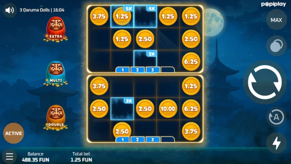 Screenshot of 3 Daruma Dolls slot demo showing reels and bonus game features