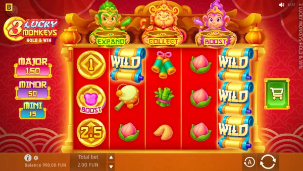 3 Lucky Monkeys base game screenshot showing reels and features