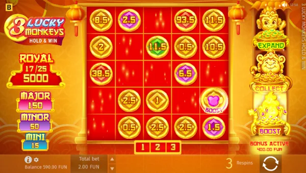 Screenshot of 3 Lucky Monkeys slot demo showing reels and bonus game features