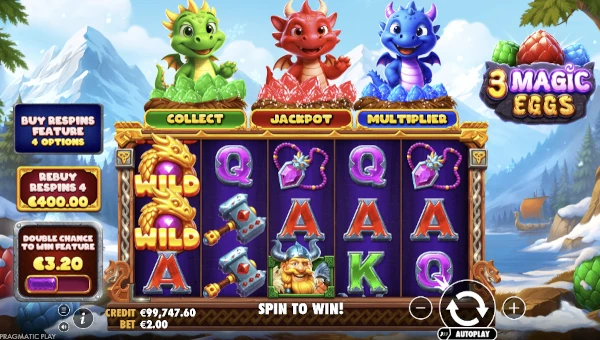 3 Magic Eggs base game screenshot showing reels and features
