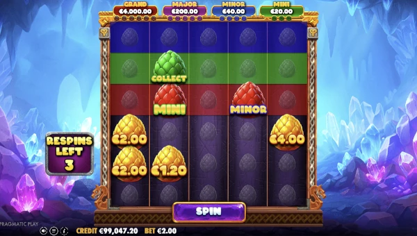 Screenshot of 3 Magic Eggs slot demo showing reels and bonus game features