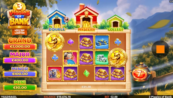Screenshot of 3 Piggies of Bank slot demo showing reels and bonus game features