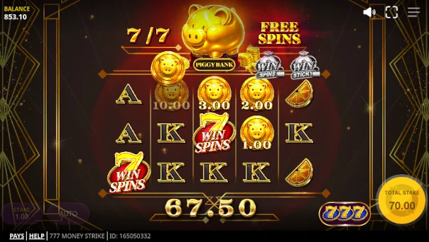 Screenshot of 777 Money Strike slot demo showing reels and bonus game features