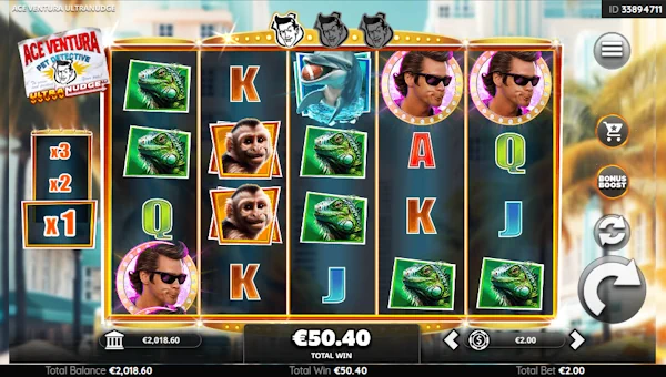 Ace Ventura Ultranudge base game screenshot showing reels and features