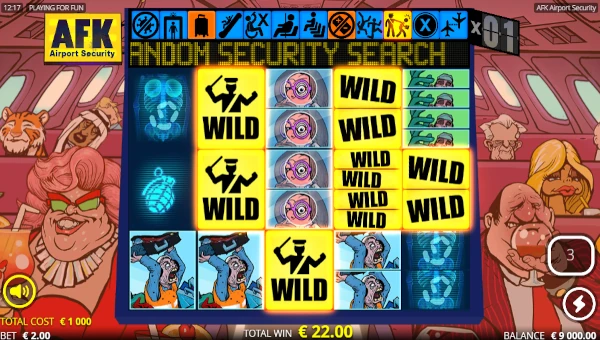 Screenshot of AFK Airport Security slot demo showing reels and bonus game features