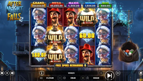 Screenshot of After Night Falls 2 slot demo showing reels and bonus game features