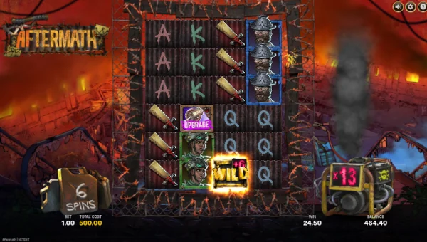Screenshot of Aftermath slot demo showing reels and bonus game features