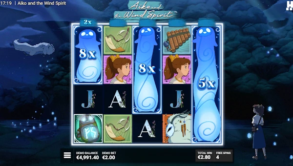 Screenshot of Aiko and the Wind Spirit slot demo showing reels and bonus game features