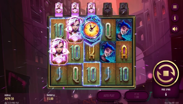 Screenshot of Alice Time Rift slot demo showing reels and bonus game features