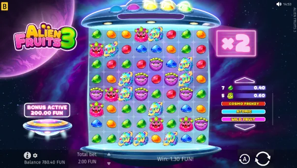 Screenshot of Alien Fruits 3 slot demo showing reels and bonus game features