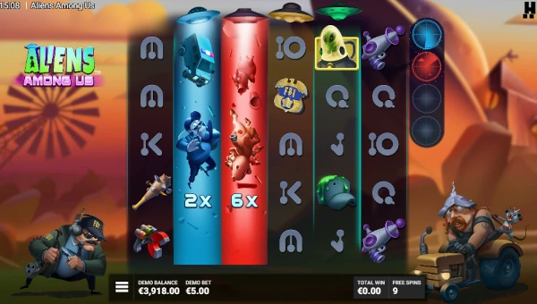 Screenshot of Aliens Among Us slot demo showing reels and bonus game features